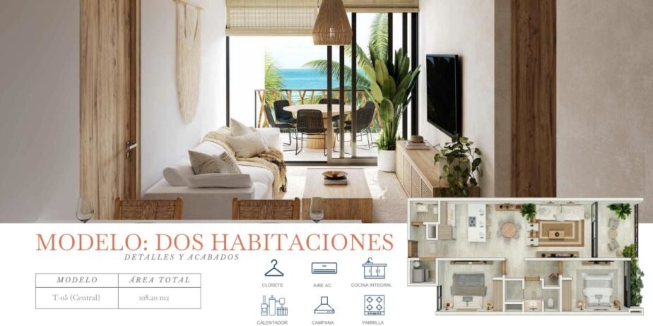 Aepartamentos de lujo frente al mar en Sisal Yucatán, equipados con amenidades estilo resort, opcion: compra o fractional (desde $5,318,305.°°MXN #101B hasta $15,246,780.°°MXN Penthouse #501)