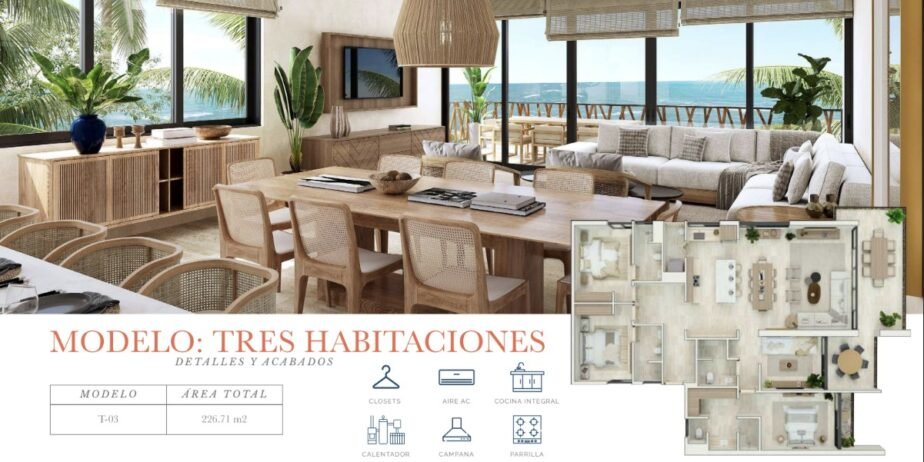 Aepartamentos de lujo frente al mar en Sisal Yucatán, equipados con amenidades estilo resort, opcion: compra o fractional (desde $5,318,305.°°MXN #101B hasta $15,246,780.°°MXN Penthouse #501)