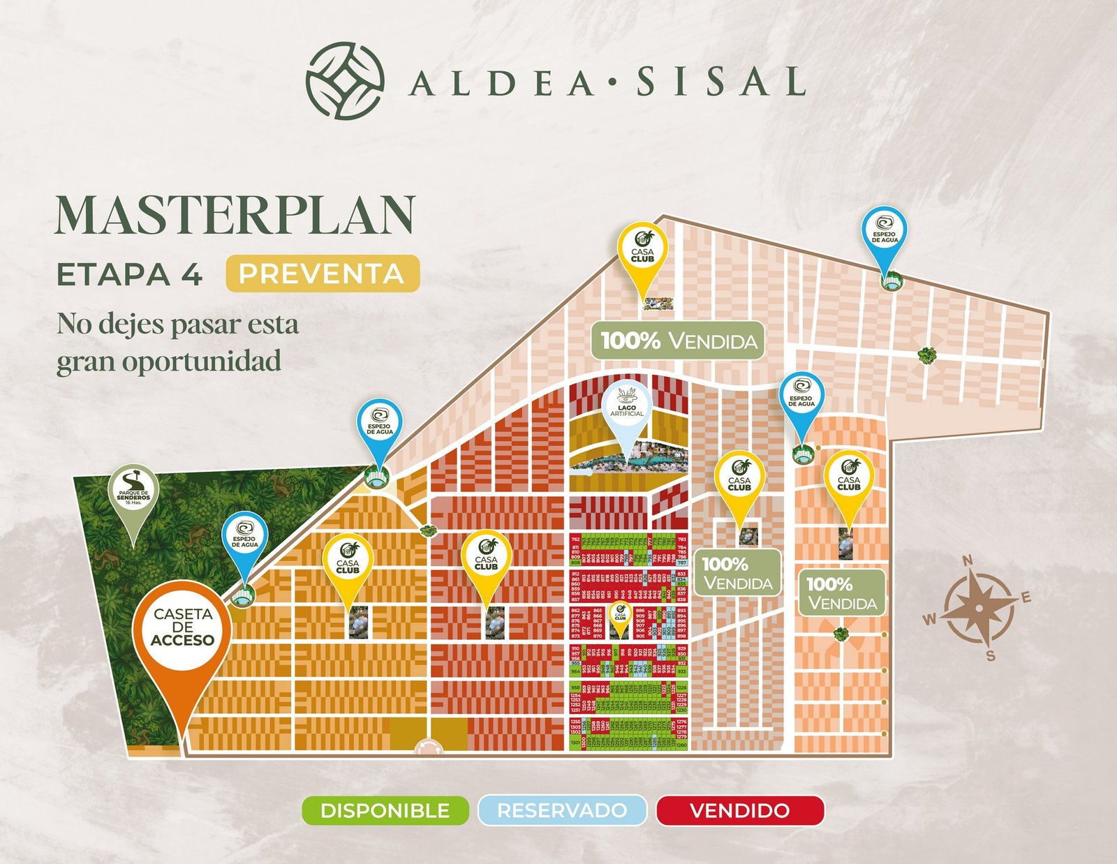 MASTER PLAN DE ALDEA SISAL MOSTRANDO ETAPA 4 EN VENTA MARCANDO DISPONIBILIDAD EN COLORES