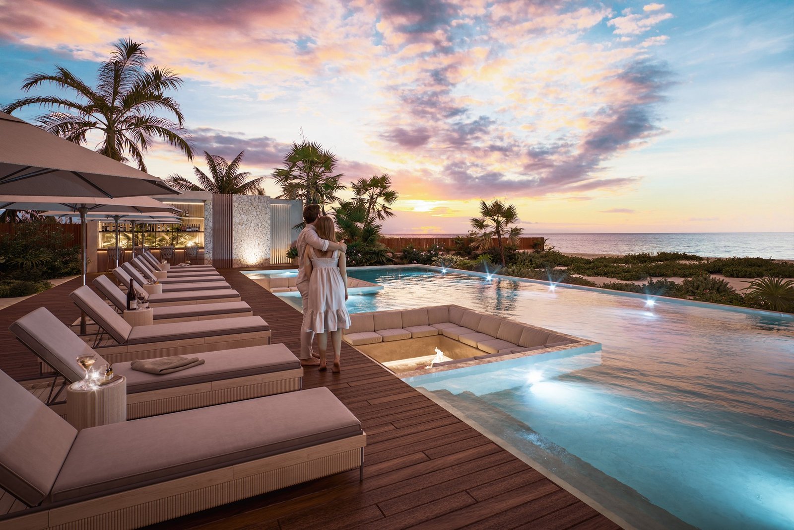 Render de alberca y áreas comunes Costa Sisal